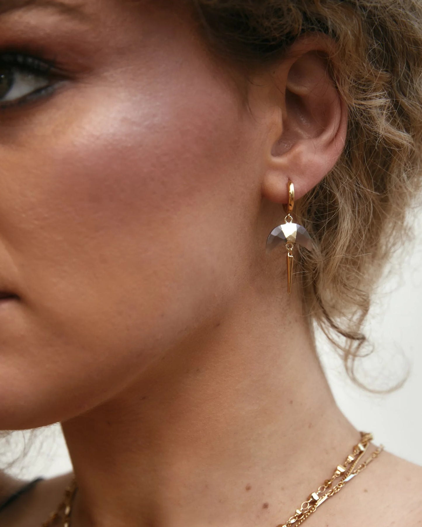 Crescent Horn Charm Huggie Hoop - Labradorite